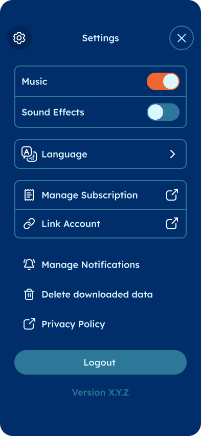 The Sea Hero Quest Settings screen, showing Music and Sound Effects toggles, Language, Manage Subscription and Link Account.