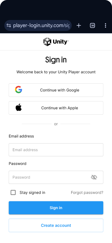 The Unity Player account sign-in page, offering Continue with Google, Continue with Apple, or an email address and password, with Sign in and Create account buttons.