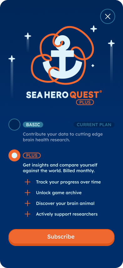 The Sea Hero Quest PLUS screen showing the Basic plan marked as current, the PLUS plan with its four benefits, and a Subscribe button.