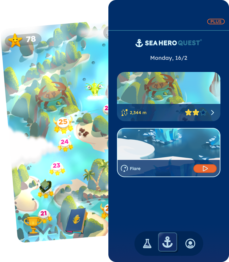 The original Sea Hero Quest map screen alongside the new daily quest screen, dated Monday 16/2, listing two games to play.